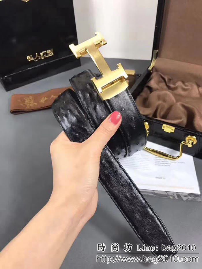 愛馬仕HERMES 進口鴕鳥皮 無拼接、全羽毛釘 高端男士皮帶 HHG1250